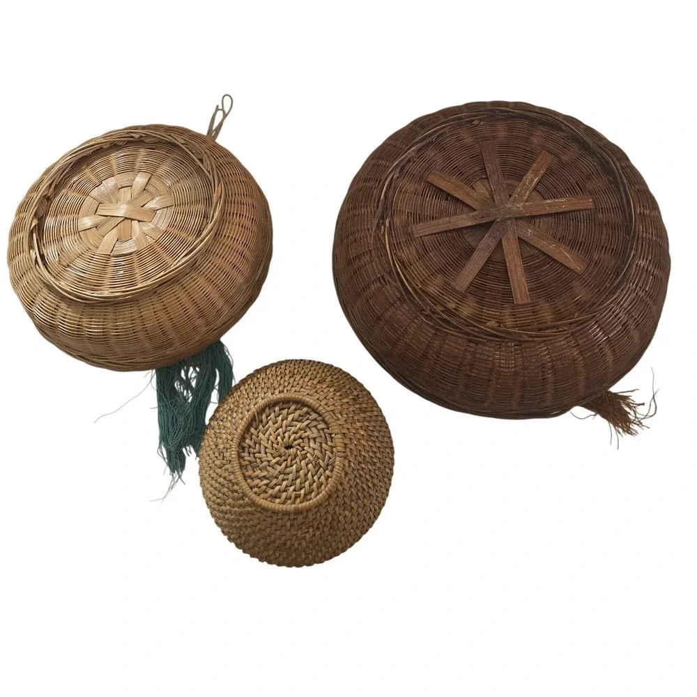 Vintage Chinese Wedding Gift Baskets Set 3 Woven Bamboo Tassels Beads Coins Boho